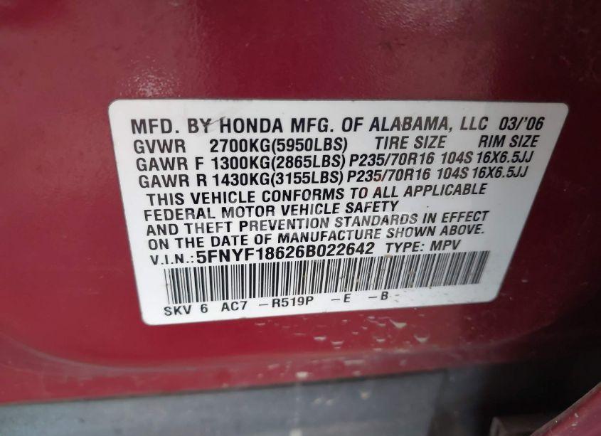 Photo 9 of 2006 Honda Pilot EX-L (VIN 5FNYF18626B022642)