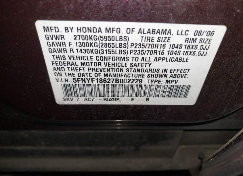 Photo 9 of 2007 Honda Pilot EX-L (VIN 5FNYF18627B002229)