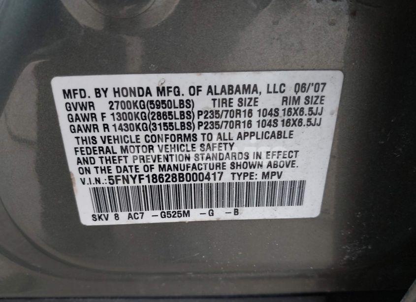 Photo 9 of 2008 Honda Pilot EX-L (VIN 5FNYF18628B000417)