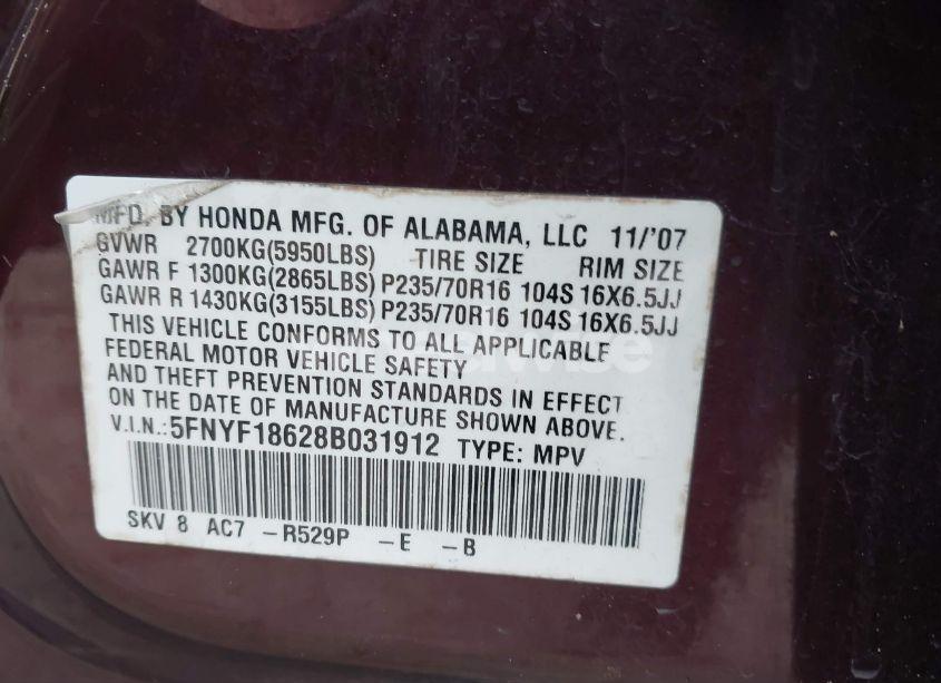 Photo 9 of 2008 Honda Pilot EX-L (VIN 5FNYF18628B031912)