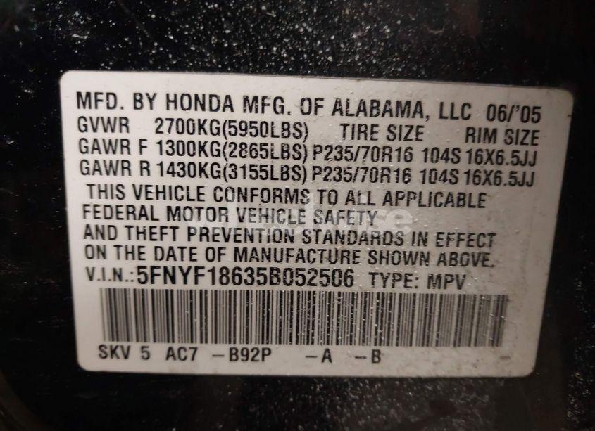 Photo 9 of 2005 Honda Pilot EX-L (VIN 5FNYF18635B052506)