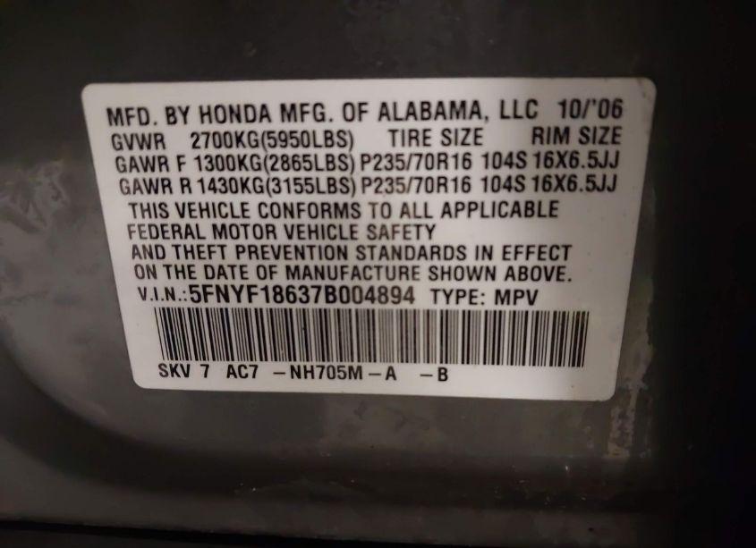 Photo 9 of 2007 Honda Pilot EX-L (VIN 5FNYF18637B004894)