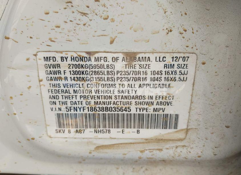 Photo 9 of 2008 Honda Pilot EX-L (VIN 5FNYF18638B035645)