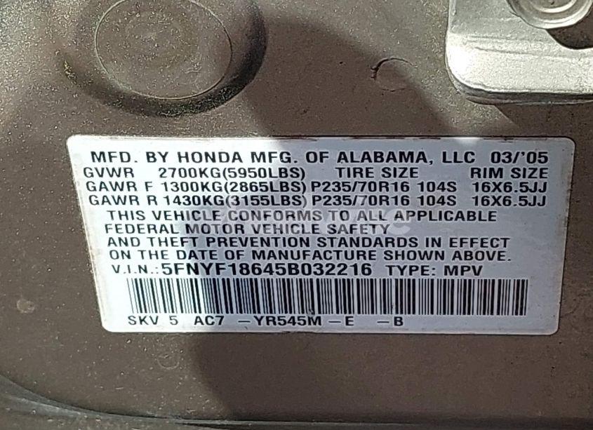 Photo 9 of 2005 Honda Pilot EX-L (VIN 5FNYF18645B032216)