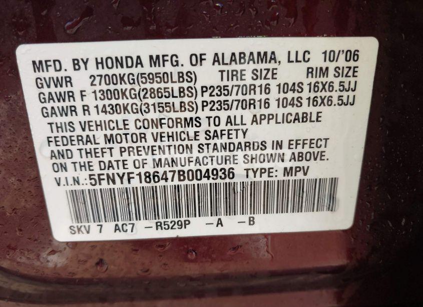 Photo 9 of 2007 Honda Pilot EX-L (VIN 5FNYF18647B004936)