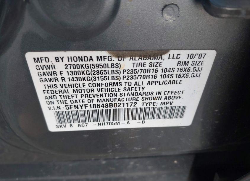 Photo 9 of 2008 Honda Pilot EX-L (VIN 5FNYF18648B021172)