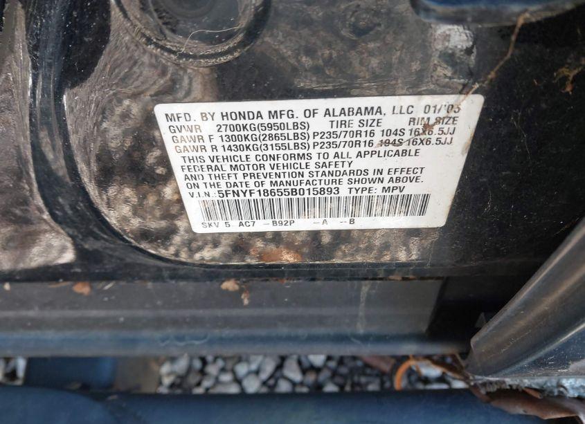 Photo 9 of 2005 Honda Pilot EX-L (VIN 5FNYF18655B015893)