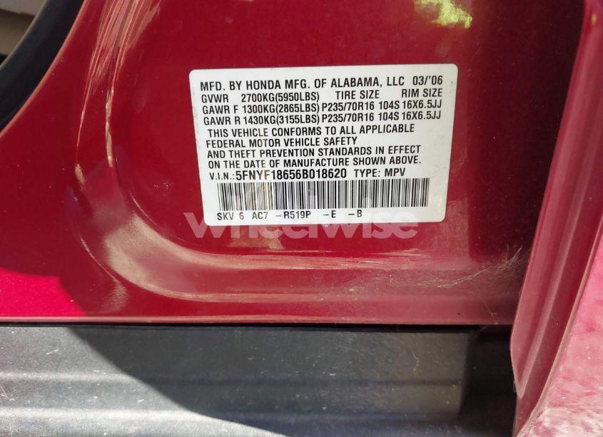 Photo 9 of 2006 Honda Pilot EX-L (VIN 5FNYF18656B018620)