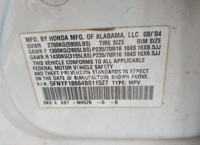 Photo 9 of 2004 Honda Pilot EX-L (VIN 5FNYF18664B011527)