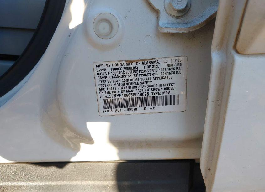 Photo 9 of 2005 Honda Pilot EX-L (VIN 5FNYF18665B018026)