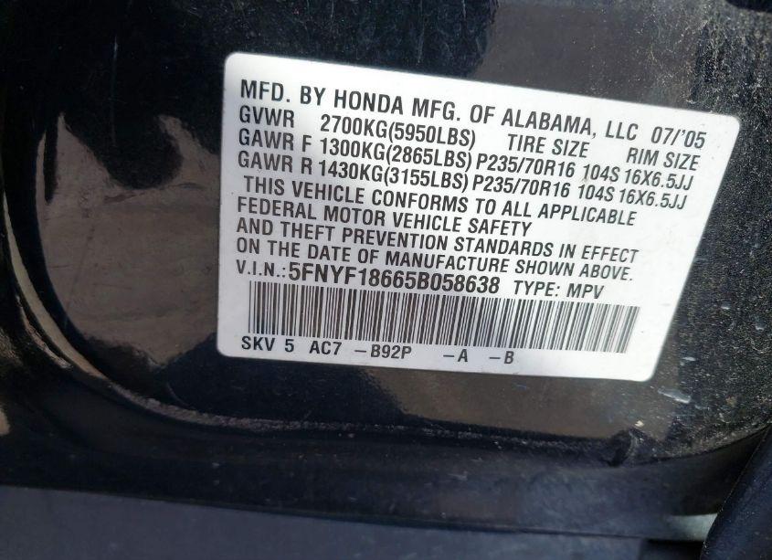 Photo 9 of 2005 Honda Pilot EX-L (VIN 5FNYF18665B058638)