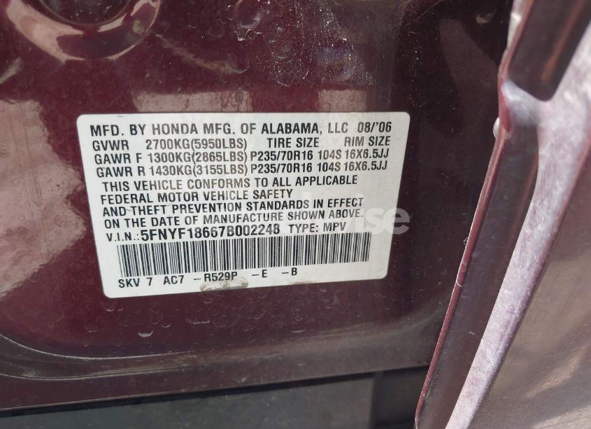 Photo 9 of 2007 Honda Pilot EX-L (VIN 5FNYF18667B002248)