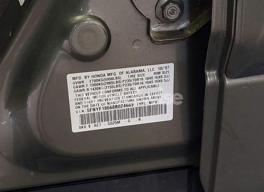 Photo 9 of 2008 Honda Pilot EX-L (VIN 5FNYF18668B024669)