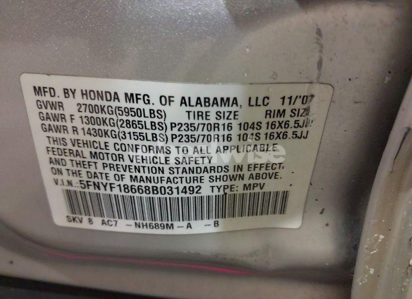 Photo 9 of 2008 Honda Pilot EX-L (VIN 5FNYF18668B031492)