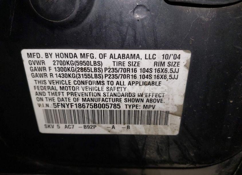 Photo 9 of 2005 Honda Pilot EX-L (VIN 5FNYF18675B005785)