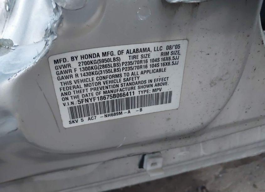 Photo 9 of 2005 Honda Pilot EX-L (VIN 5FNYF18675B066411)