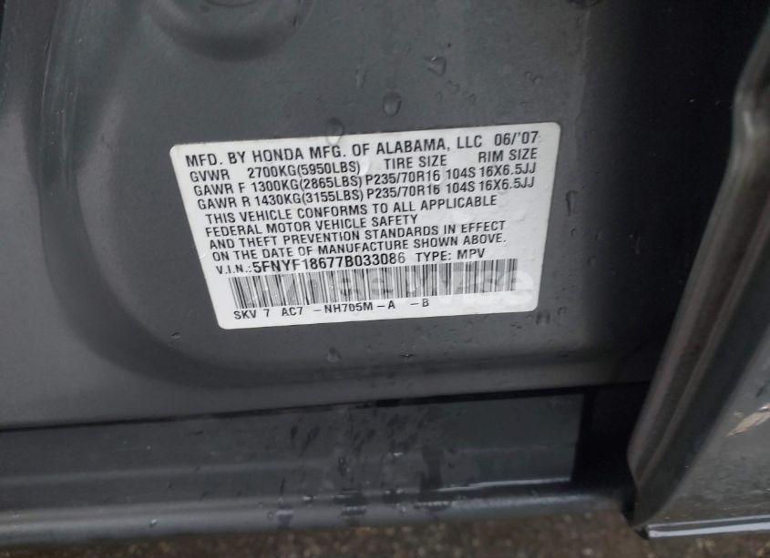 Photo 9 of 2007 Honda Pilot EX-L (VIN 5FNYF18677B033086)