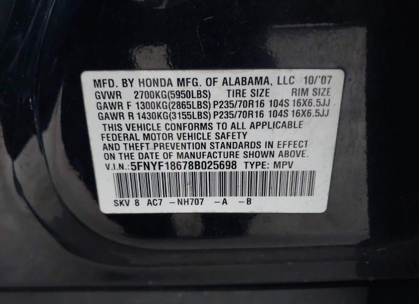 Photo 9 of 2008 Honda Pilot EX-L (VIN 5FNYF18678B025698)