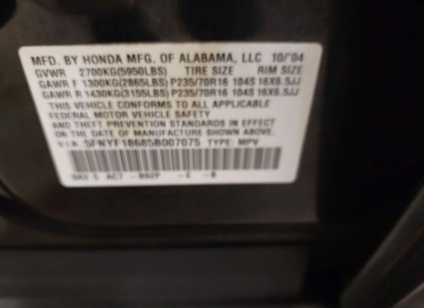 Photo 9 of 2005 Honda Pilot EX-L (VIN 5FNYF18685B007075)