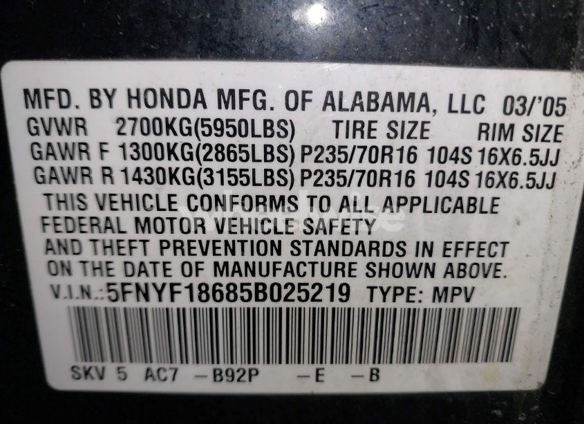 Photo 9 of 2005 Honda Pilot EX-L (VIN 5FNYF18685B025219)