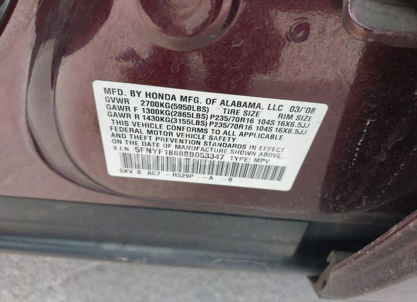 Photo 9 of 2008 Honda Pilot EX-L (VIN 5FNYF18688B053347)