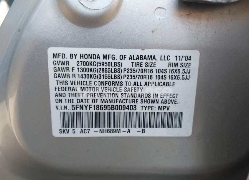 Photo 9 of 2005 Honda Pilot EX-L (VIN 5FNYF18695B009403)