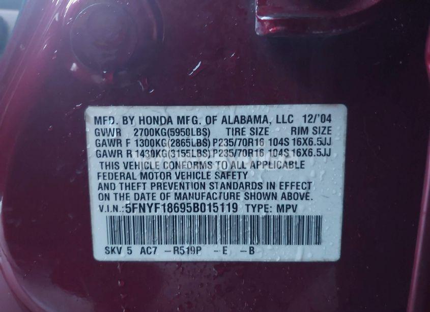 Photo 9 of 2005 Honda Pilot EX-L (VIN 5FNYF18695B015119)
