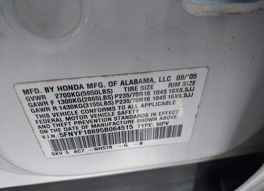 Photo 9 of 2005 Honda Pilot EX-L (VIN 5FNYF18695B064515)