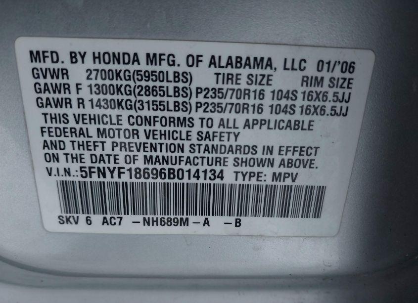 Photo 9 of 2006 Honda Pilot EX-L (VIN 5FNYF18696B014134)
