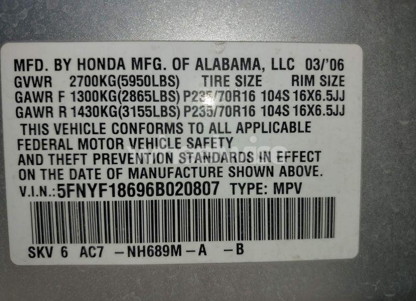 Photo 9 of 2006 Honda Pilot EX-L (VIN 5FNYF18696B020807)