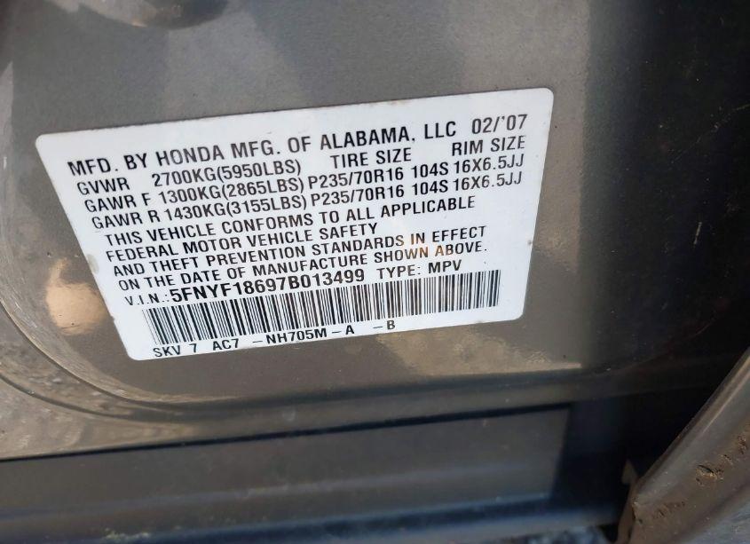 Photo 9 of 2007 Honda Pilot EX-L (VIN 5FNYF18697B013499)