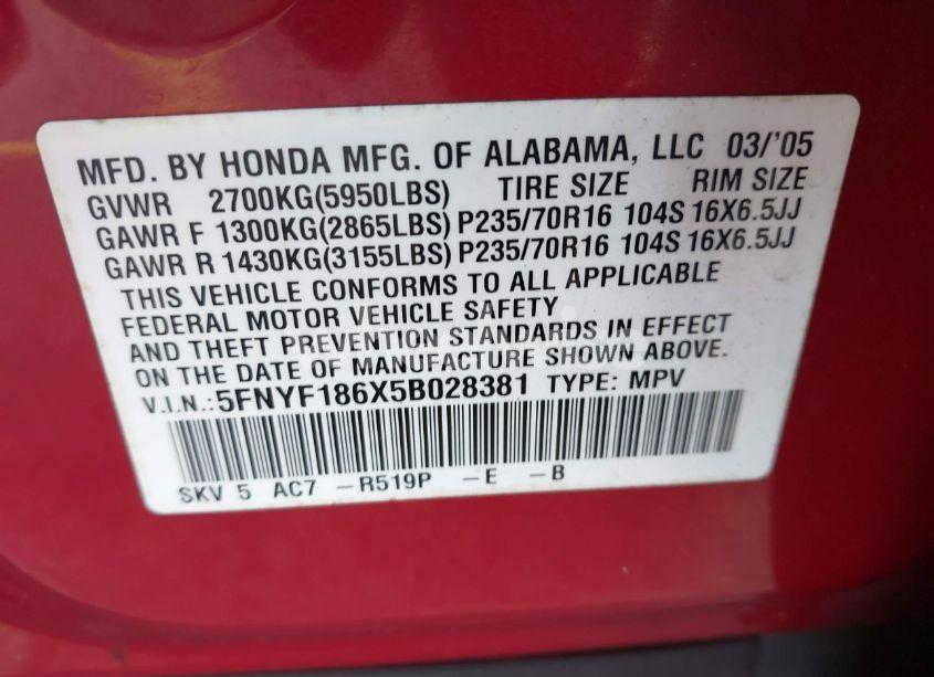 Photo 9 of 2005 Honda Pilot EX-L (VIN 5FNYF186X5B028381)