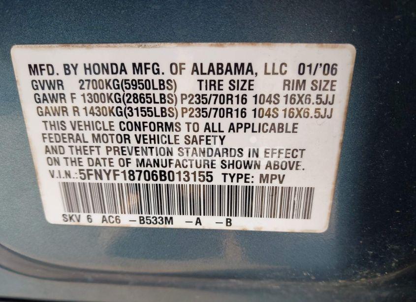 Photo 9 of 2006 Honda Pilot EX-L (VIN 5FNYF18706B013155)