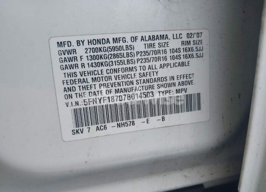 Photo 9 of 2007 Honda Pilot EX-L (VIN 5FNYF18707B014503)