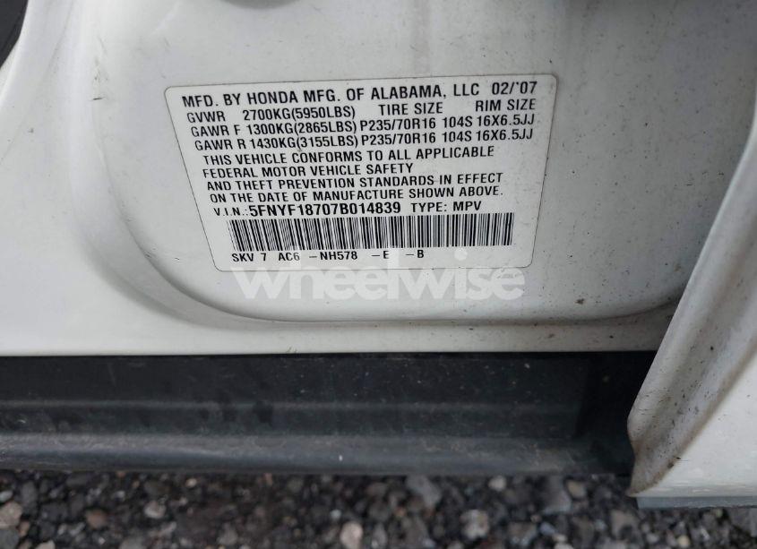 Photo 9 of 2007 Honda Pilot EX-L (VIN 5FNYF18707B014839)