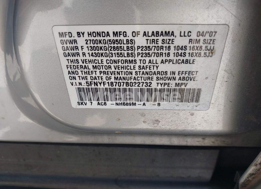 Photo 9 of 2007 Honda Pilot EX-L (VIN 5FNYF18707B022732)