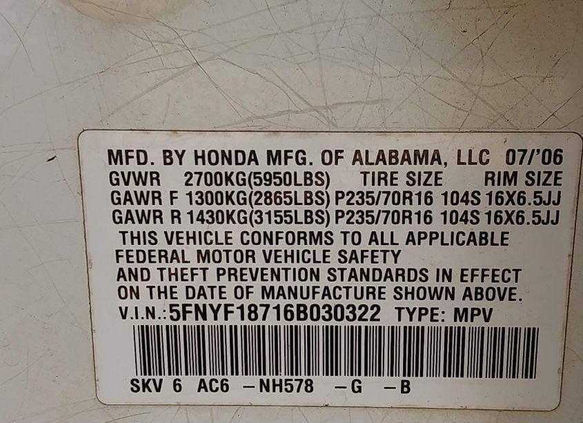 Photo 9 of 2006 Honda Pilot EX-L (VIN 5FNYF18716B030322)