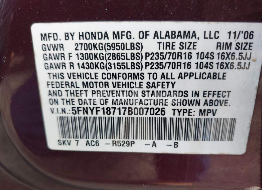 Photo 9 of 2007 Honda Pilot EX-L (VIN 5FNYF18717B007026)