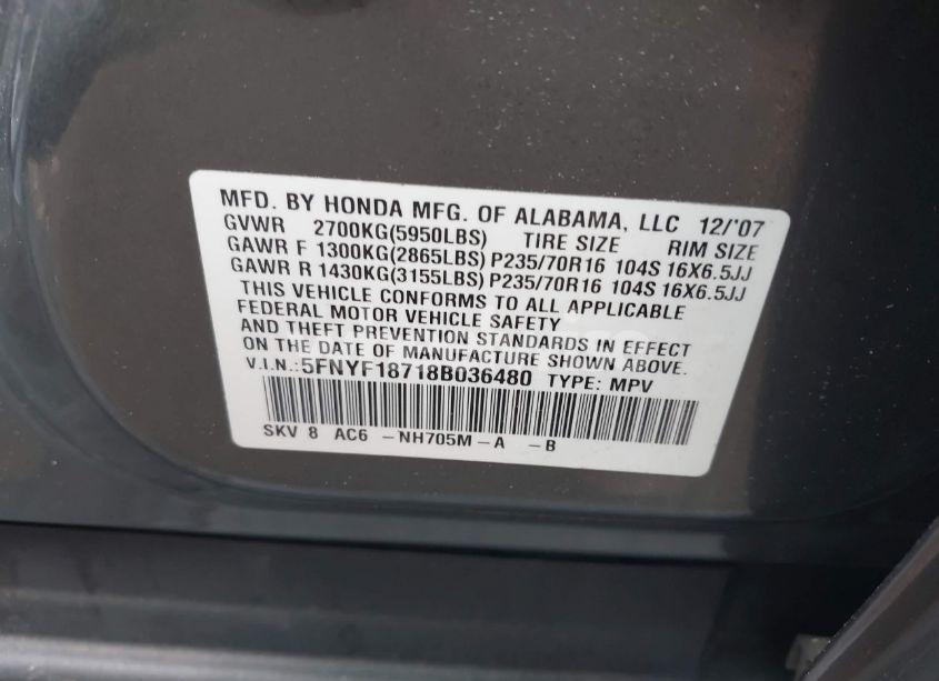 Photo 9 of 2008 Honda Pilot EX-L (VIN 5FNYF18718B036480)