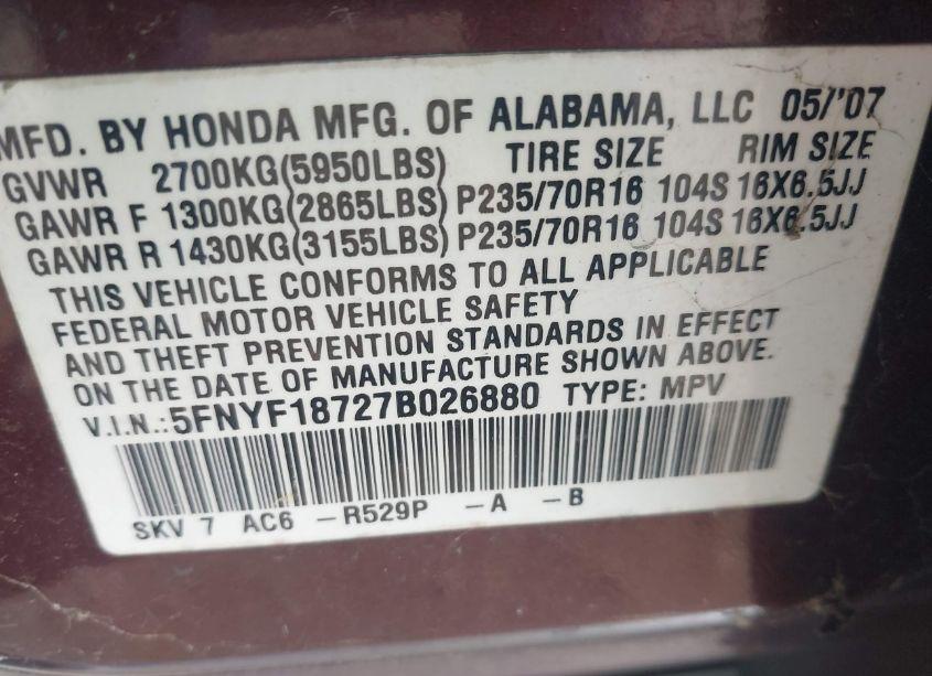 Photo 9 of 2007 Honda Pilot EX-L (VIN 5FNYF18727B026880)