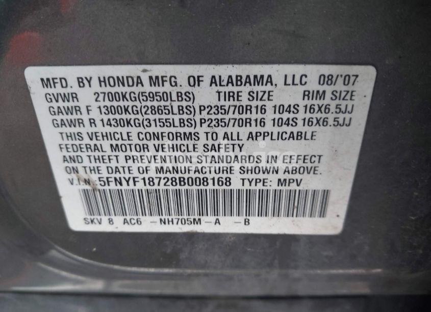 Photo 9 of 2008 Honda Pilot EX-L (VIN 5FNYF18728B008168)