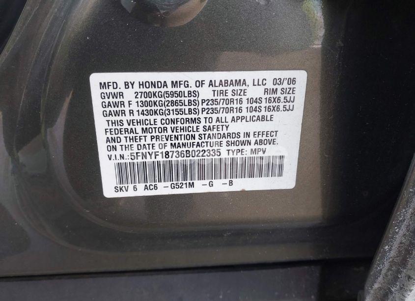 Photo 9 of 2006 Honda Pilot EX-L (VIN 5FNYF18736B022335)