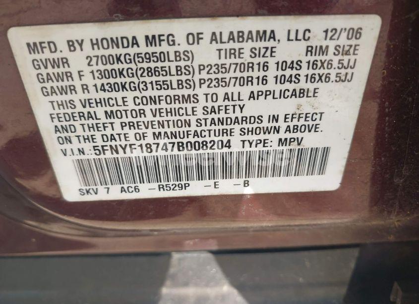 Photo 9 of 2007 Honda Pilot EX-L (VIN 5FNYF18747B008204)