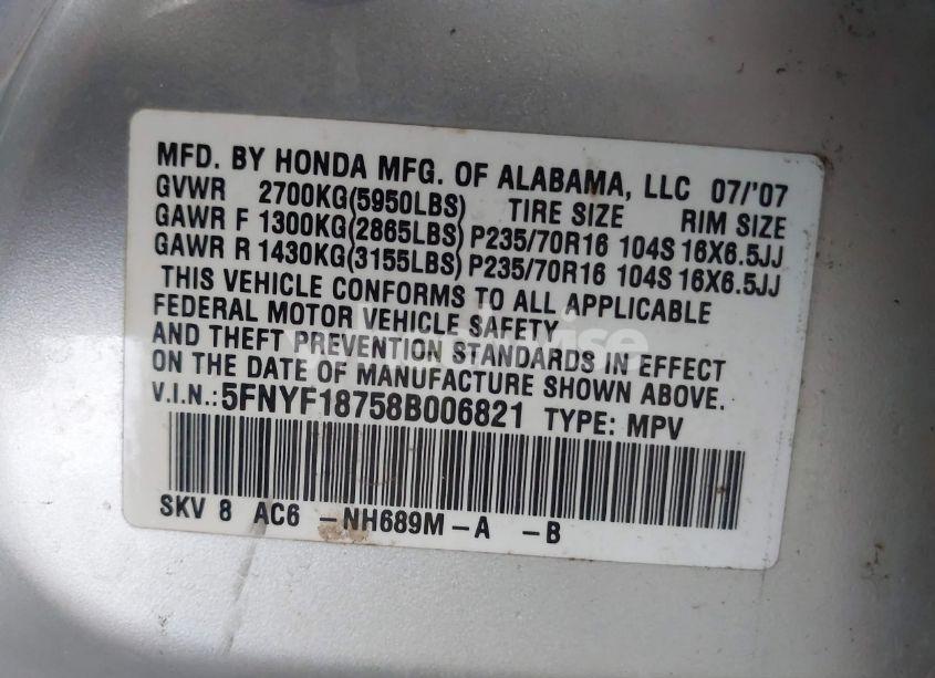 Photo 9 of 2008 Honda Pilot EX-L (VIN 5FNYF18758B006821)