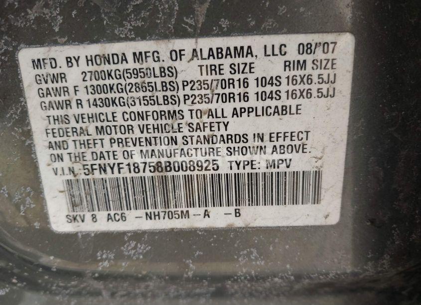 Photo 9 of 2008 Honda Pilot EX-L (VIN 5FNYF18758B008925)
