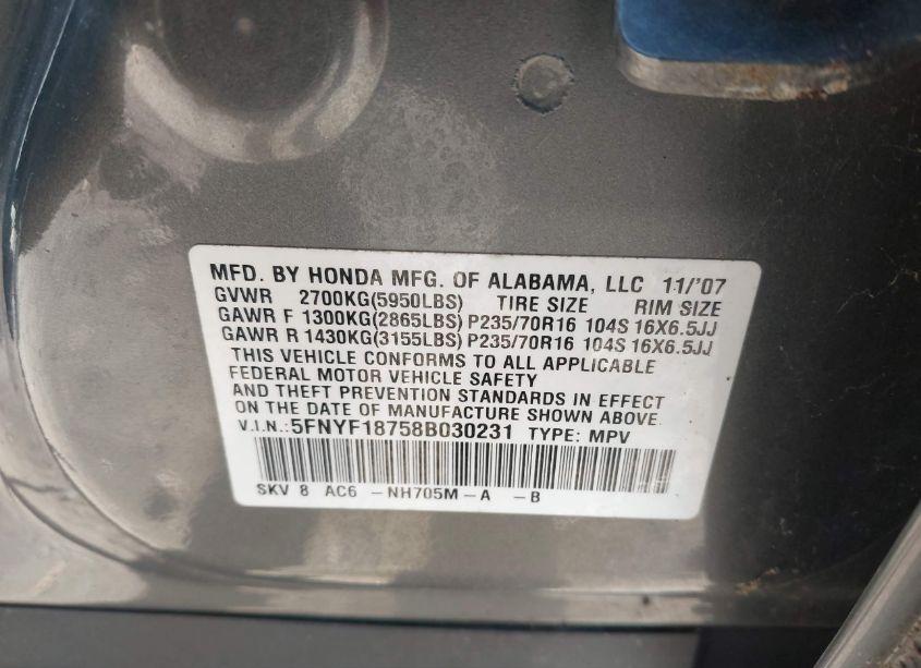 Photo 9 of 2008 Honda Pilot EX-L (VIN 5FNYF18758B030231)