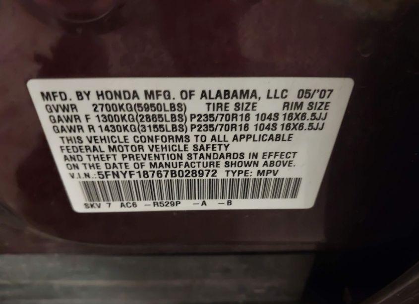 Photo 9 of 2007 Honda Pilot EX-L (VIN 5FNYF18767B028972)