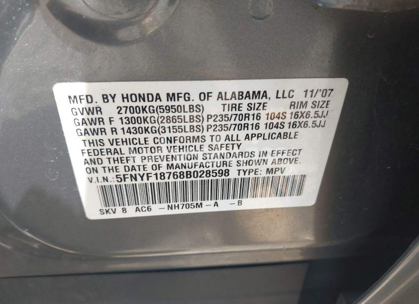 Photo 9 of 2008 Honda Pilot EX-L (VIN 5FNYF18768B028598)