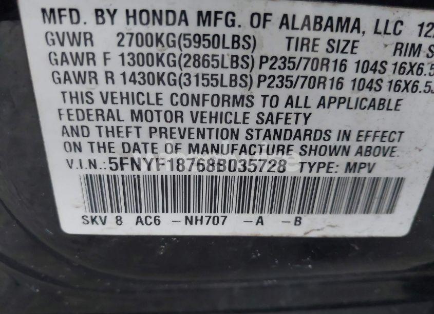 Photo 9 of 2008 Honda Pilot EX-L (VIN 5FNYF18768B035728)