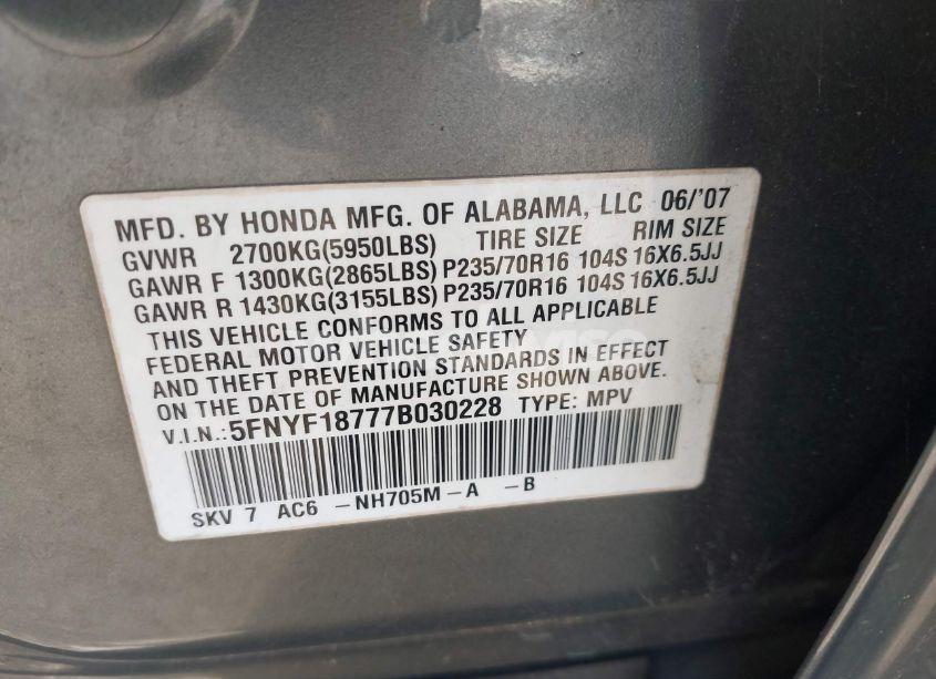 Photo 9 of 2007 Honda Pilot EX-L (VIN 5FNYF18777B030228)